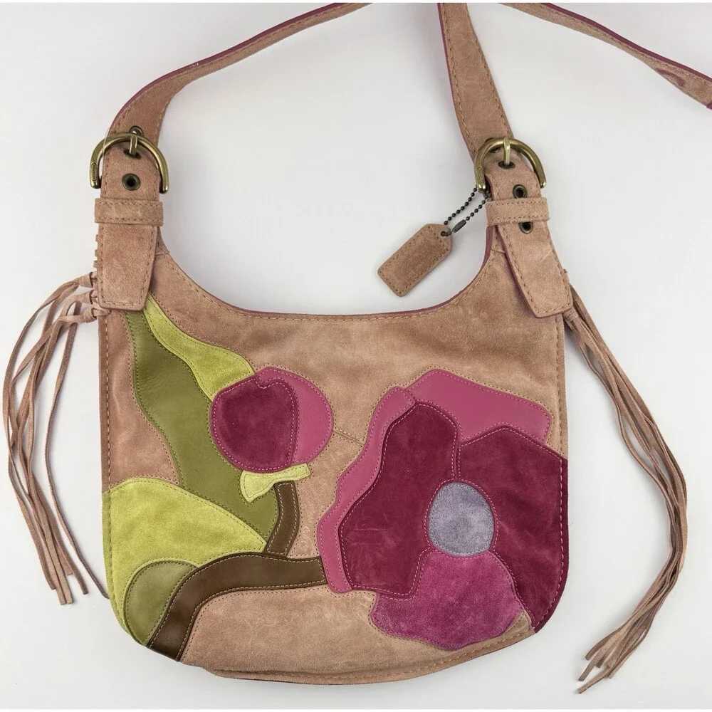 2004 COACH POPPIES SUEDE LEATHER HIPPIE BAG PINK SHOULDER CROSS BODY HOBO